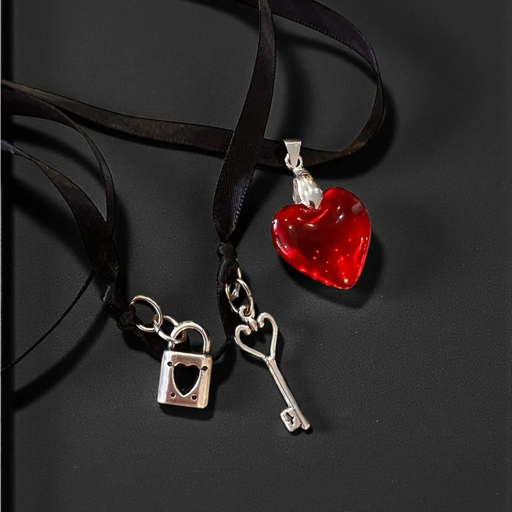 Glass Red Heart Pendant Necklace with Key and Lock Charm on Double Sided Satin